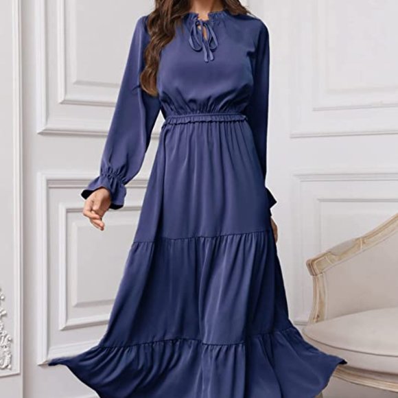 kirundo Dresses & Skirts - Women's Long Sleeve Dark Navy Blue Tie Neck, Ruffled, Tiered Dress